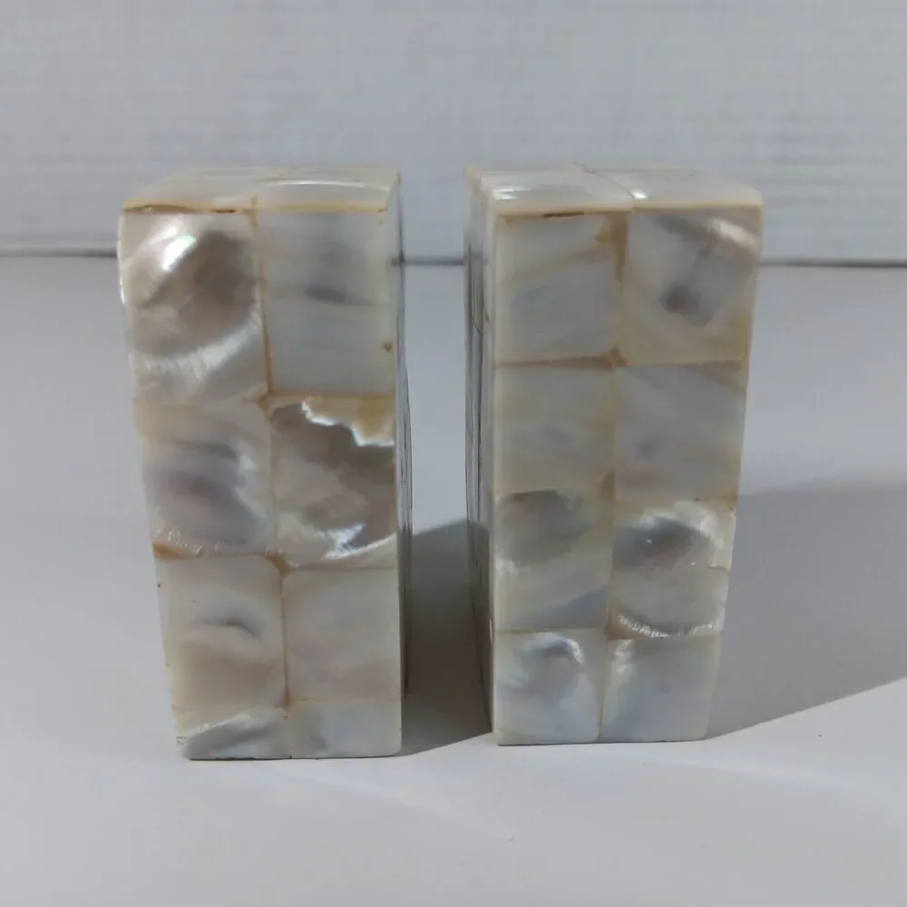 Vtg Mother Of Pearl Salt And Pepper Shakers Mosaic Block Iridescent Beach Decor